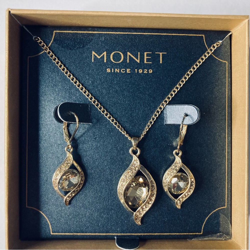 Monet Gold Crystal Teardrop Pendant Necklace and Earrings Set